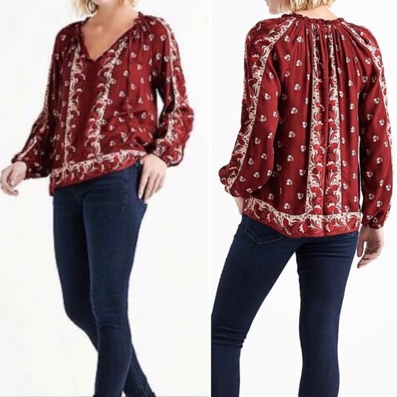 Lucky Brand | Floral Print Burgundy Peasant TopNWT - Picture 1 of 8